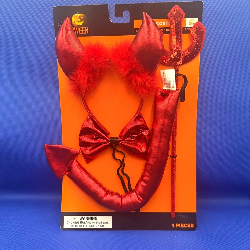 Red Metallic Devil Costume Accessory 4 Piece Horns Tail Pitchfork Bow Cosplay